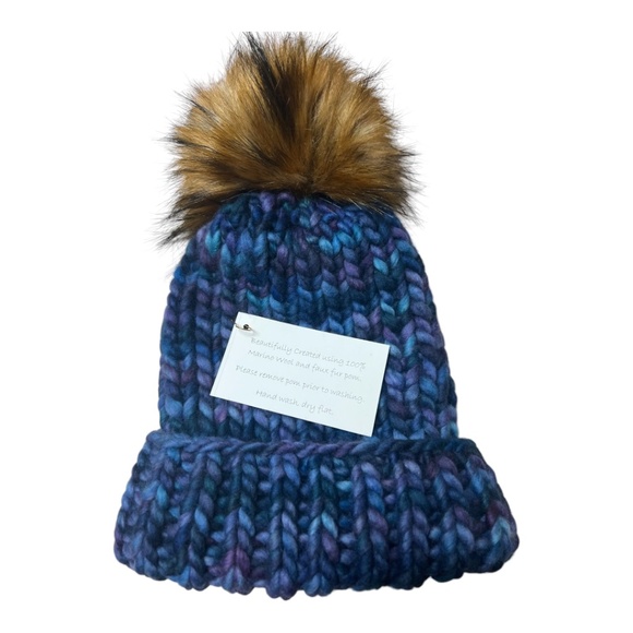 Hand knit blue varigated knit hat with faux fur pom main image 9